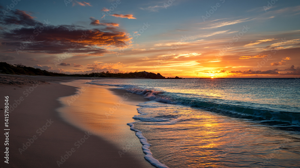 Fototapeta premium Sandy beach at sunset, ocean waves gently lapping shore, orange and gold sky, serene and tranquil scene, evokes peace and calm