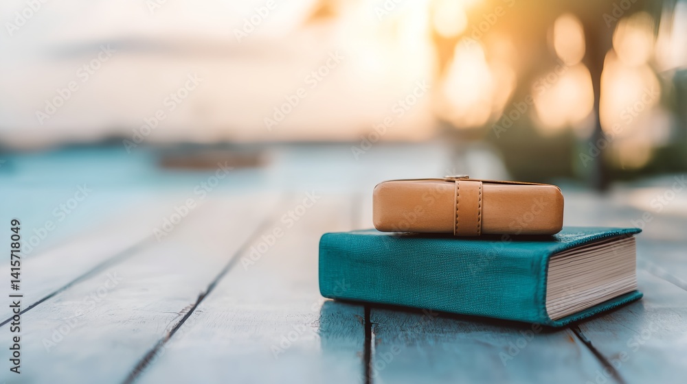 A book and a wallet are on a wooden table