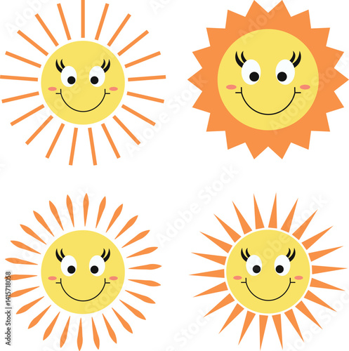 Joyful Sunshine Quartet: A delightful set of smiling suns, radiating warmth and happiness, each with a unique design to brighten your day.