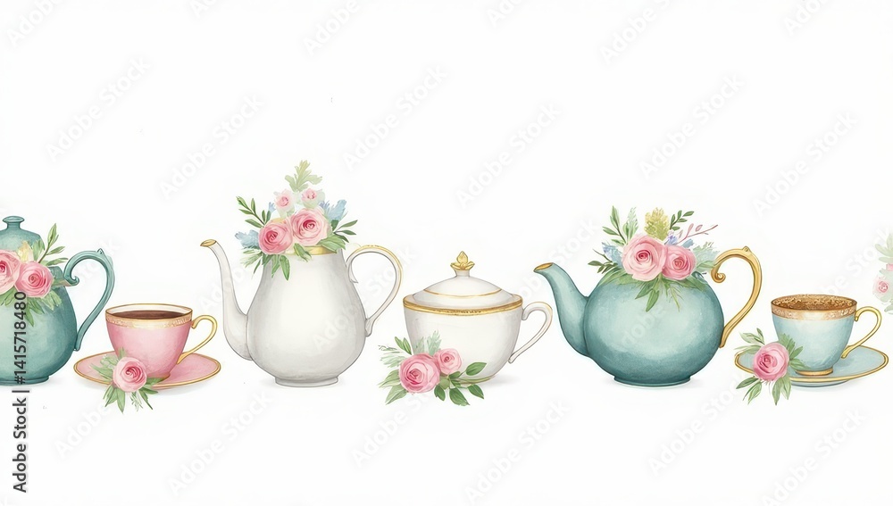 Elegant Tea Set with Pink Roses Watercolor Illustration