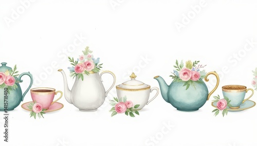 Obraz na płótnie Elegant Tea Set with Pink Roses Watercolor Illustration w salonie