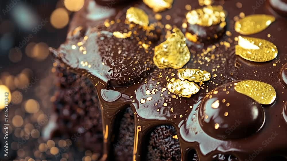 Decadent chocolate cake slice with gold accents Decadent chocolate cake slice with gold accents
