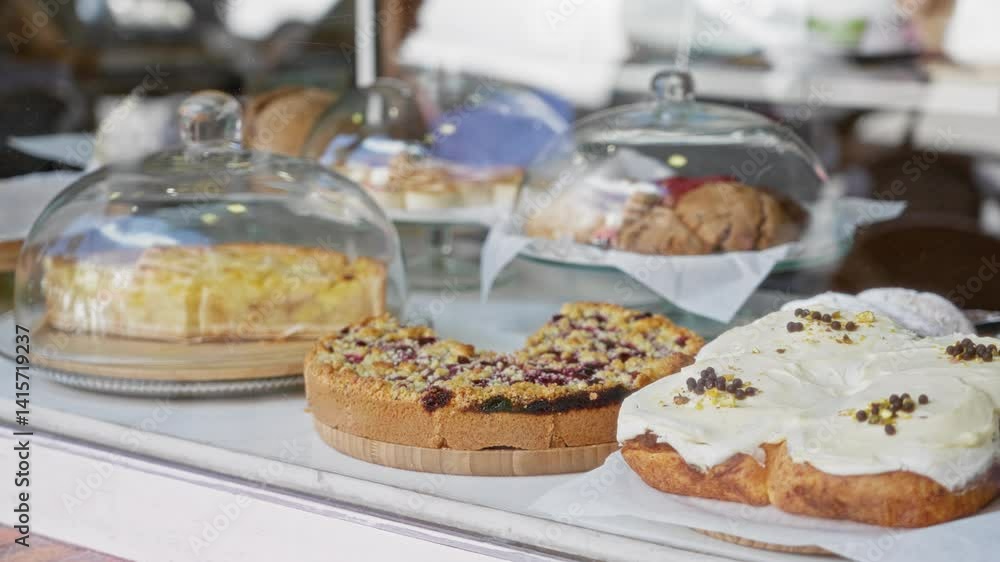 Assorted desserts displayed under glass covers in a cafeteria setting featuring cakes and pastries on a white table in inviting public environment. Assorted desserts displayed under glass covers in a cafeteria setting featuring cakes and pastries on a white table in inviting public environment.