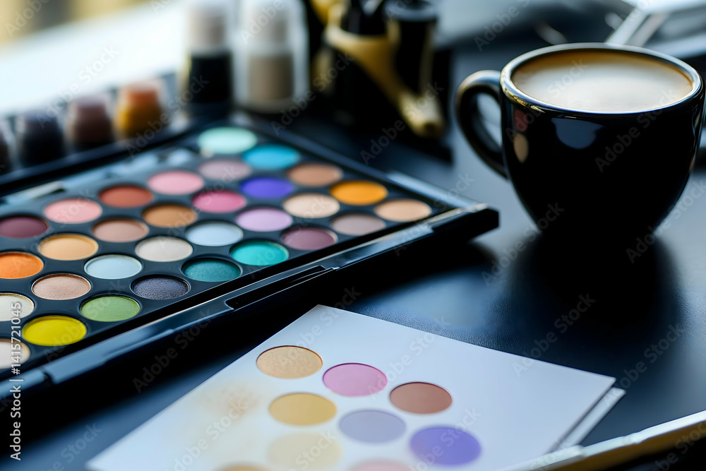Professional makeup pod kit with blank work-appropriate color capsules arranged with a timecard and coffee cup catering to professional environments. Professional makeup pod kit with blank work-appropriate color capsules arranged with a timecard and coffee cup catering to professional environments.