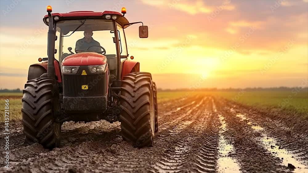 Sunset Tractor on a Farm Field Sunset Tractor on a Farm Field