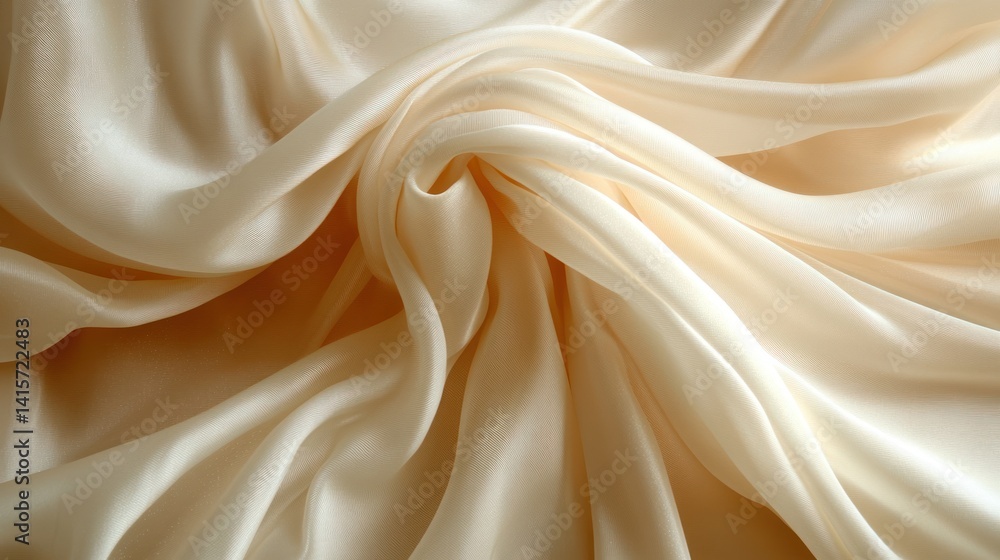 Fototapeta premium Delicate cream fabric flows smoothly, creating beautiful folds under soft sunlight
