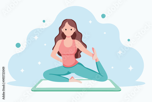 Woman Practicing Yoga In One Legged King Pigeon Pose On Mat Illustration