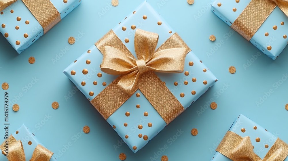 Colorful gifts await, wrapped in blue with shiny gold accents Colorful gifts await, wrapped in blue with shiny gold accents