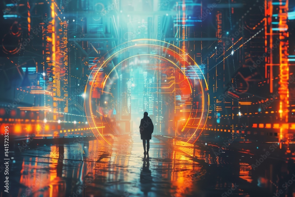 A solitary figure walks towards a large, glowing digital gateway in a futuristic cityscape, Symbolize the concept of digital scarcity in a visually appealing way A solitary figure walks towards a large, glowing digital gateway in a futuristic cityscape, Symbolize the concept of digital scarcity in a visually appealing way