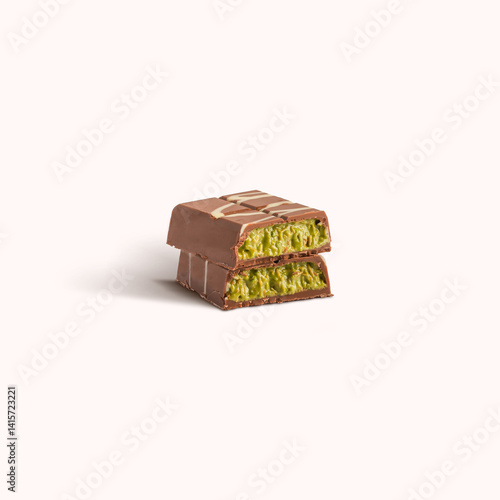 Photography Dubai chocolate bar with pistachio and kunafa filling isolated on white