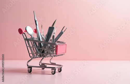Miniature shopping cart filled beauty tools against pink backdrop. Beauty industry supply concept. Fashion, makeup accessories, lash extension, beauty tools equipment, beauty parlour, cosmetic