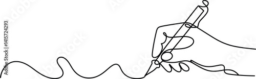 Minimalist One Line Drawing of Hand Writing with Pen, Continuous Line Art Sketch.