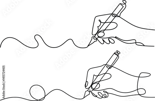 Minimalist One Line Drawing of Hands Writing with Pens, Continuous Line Art Illustration.
