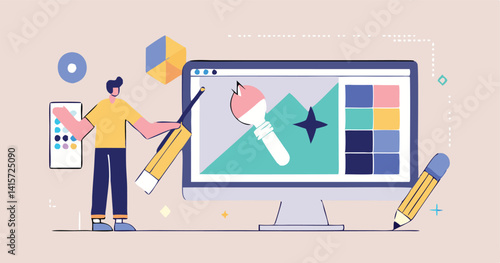 Graphic Designer Working On Computer Illustration Art Style