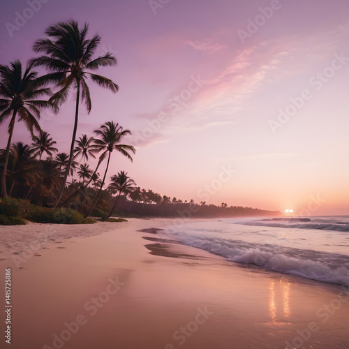 Serene Tropical Beach Sunset Palm Trees Silhouette on Pink Sand