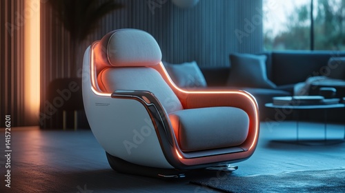 A futuristic chair with glowing orange lights in a room setting