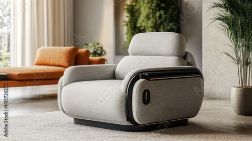 Modern designed armchair surrounded by room decor and plants