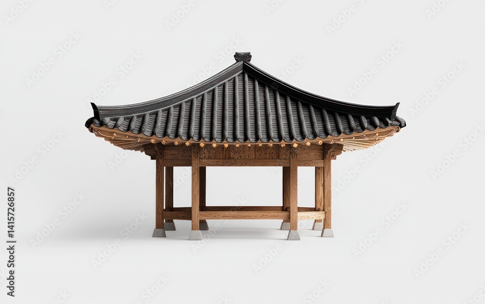 Fototapeta premium Low-poly model of a traditional Asian pavilion with dark gray tiled roof and light brown wooden supports, levitating against a solid white background. The image is clean and simple, focusing on the