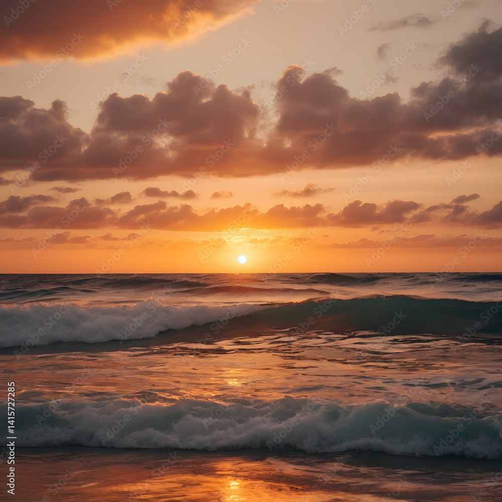 Dramatic Ocean Sunset with Waves Crashing on Shore Golden Hour Seascape Dramatic Ocean Sunset with Waves Crashing on Shore Golden Hour Seascape