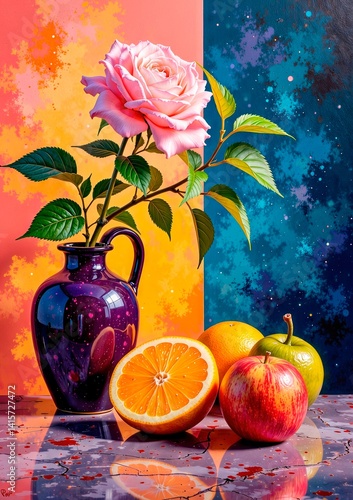 still life with apples and flowers