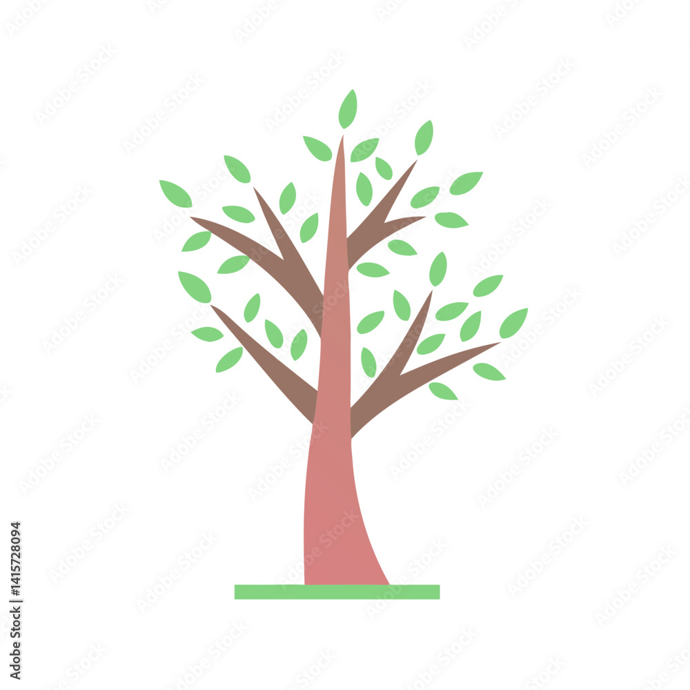 Obraz premium Minimalist Tree Illustration: A simple, yet elegant, representation of a tree with a slender trunk, reaching branches, and vibrant green leaves, embodying the essence of growth and nature.