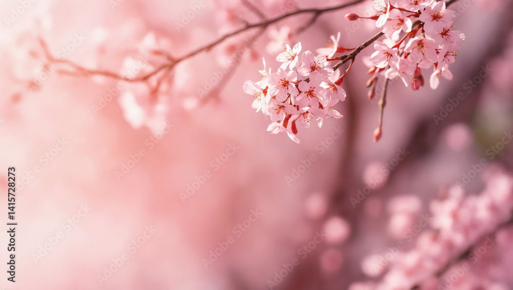 Sakura branch over blurred sunlights. Beautiful pink flowers background