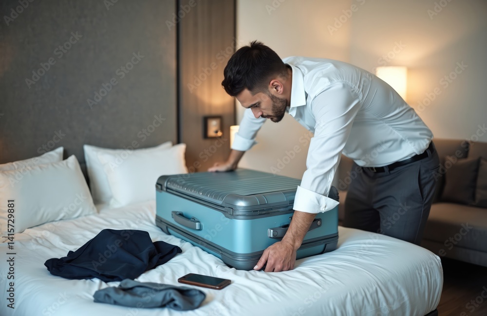 Fototapeta premium Businessman packing suitcase preparing for travel. Man in white shirt on bed in hotel room. Business trip or vacation concept. Travel, journey, luggage, baggage, trip.