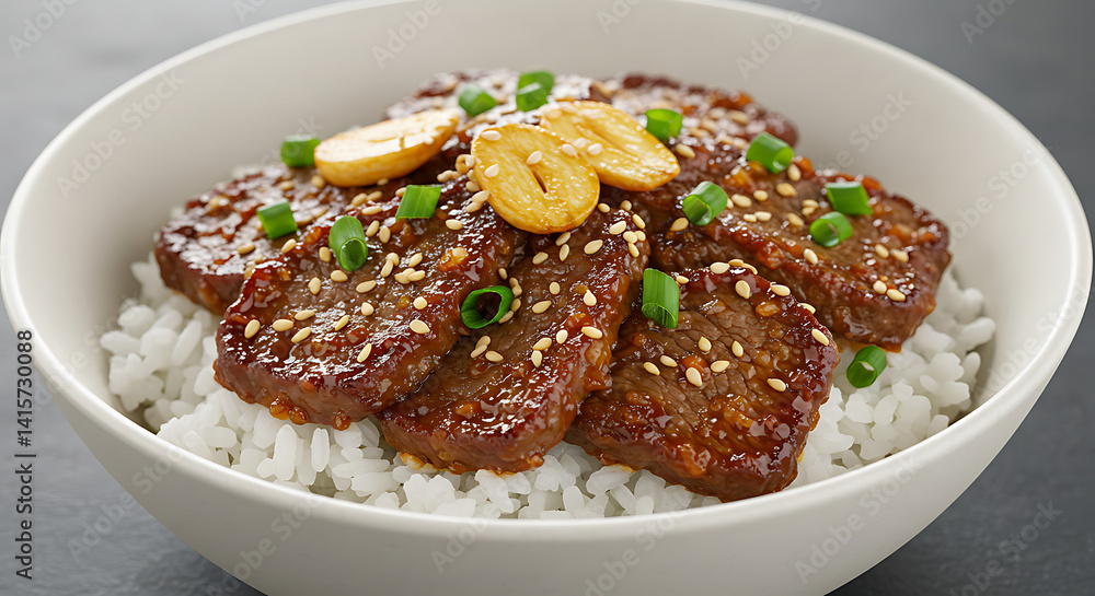 Delicious beef and rice bowl with sesame seeds, garlic, and green onions. A flavorful and satisfying meal. Served in a white bowl. Delicious beef and rice bowl with sesame seeds, garlic, and green onions. A flavorful and satisfying meal. Served in a white bowl.