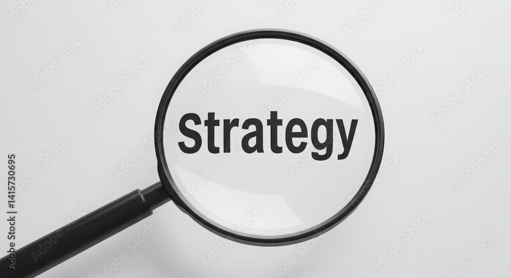 Magnifying glass focusing on the word 'Strategy' on plain background Magnifying glass focusing on the word 'Strategy' on plain background