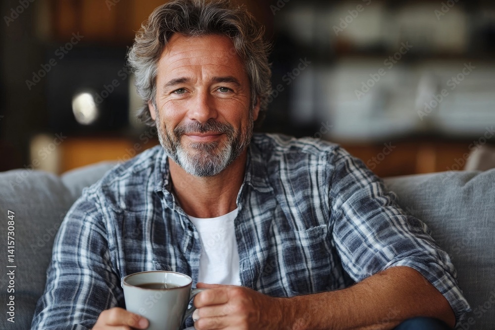 Happy middle aged man holding coffee cup relaxing on couch at home. Smiling mature older man drinking tea looking at camera sitting on cozy sofa chilling in modern kitchen living room Happy middle aged man holding coffee cup relaxing on couch at home. Smiling mature older man drinking tea looking at camera sitting on cozy sofa chilling in modern kitchen living room