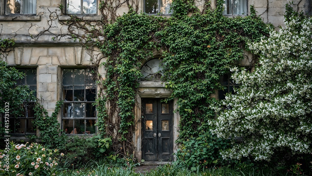 Abandoned courthouse reclaimed by nature Ivy covered stone walls bathed in soft sunlight revealing faded grandeur contrasted with vibrant greenery Abandoned courthouse reclaimed by nature Ivy covered stone walls bathed in soft sunlight revealing faded grandeur contrasted with vibrant greenery