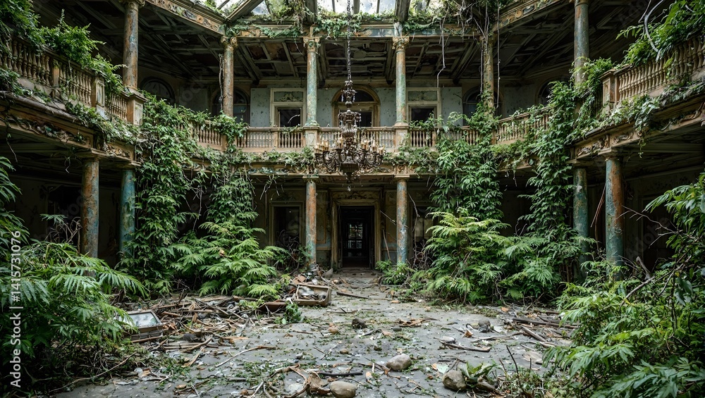 Explore the haunting beauty of a grand abandoned hotel lobby as nature takes over showing the intricate dance between elegance and decay