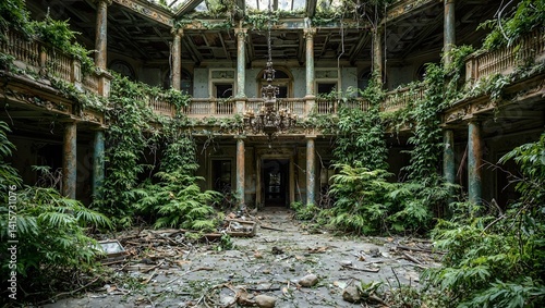 Obraz na płótnie Explore the haunting beauty of a grand abandoned hotel lobby as nature takes over showing the intricate dance between elegance and decay w salonie