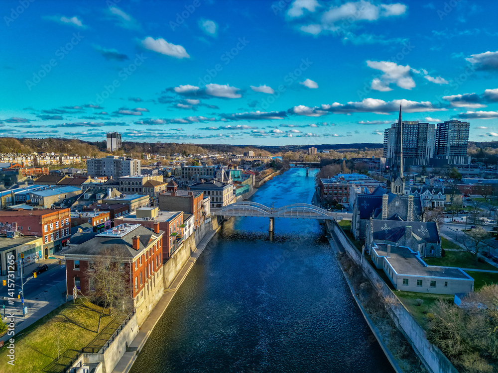 Fototapeta premium Aerial view of downtown Cambridge, Ontario a south western area outside on Toronoto Canada in the Kitchener-Waterloo Region