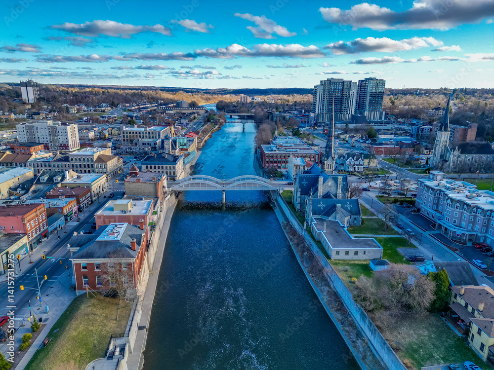 Obraz premium Aerial view of downtown Cambridge, Ontario a south western area outside on Toronoto Canada in the Kitchener-Waterloo Region