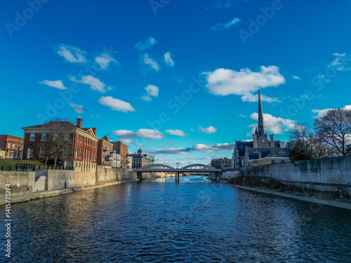 Photography Aerial view of downtown Cambridge, Ontario a south western area outside on Toron