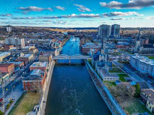 Aerial view of downtown Cambridge, Ontario a south western area outside on Toronoto Canada in the Kitchener-Waterloo Region