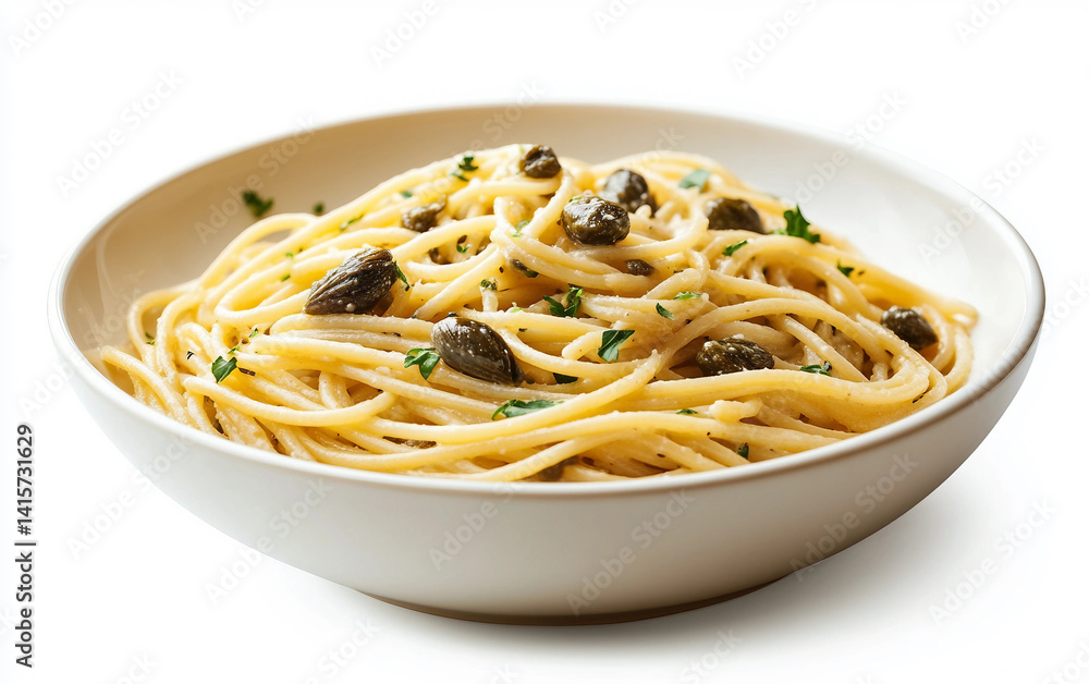 Spaghetti with Capers and Anchovies Isolated On White Background.