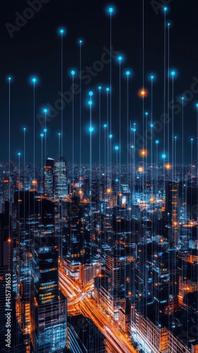 Nighttime City Buildings Illuminated With Connected Digital Information Nodes