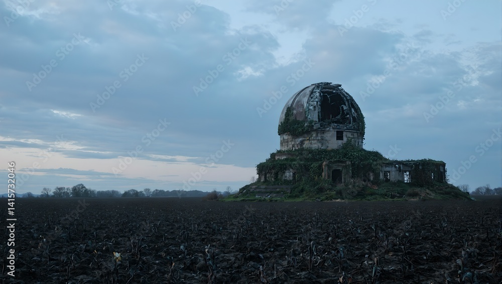 Fototapeta premium An abandoned observatory overtaken by ivy in a desolate field under a dramatic dusk sky Atmospheric and mysterious