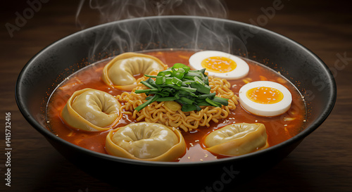 Steaming bowl of ramen soup with dumplings, sliced egg, and fresh scallions, served in a black bowl on a dark wood table.