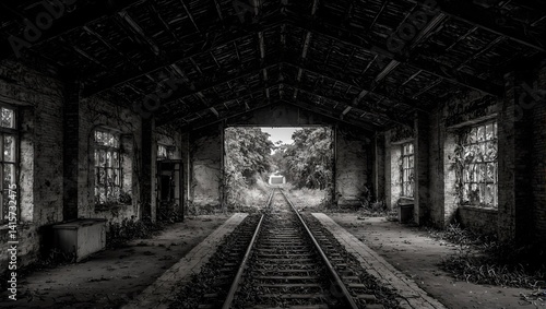 Explore the haunting beauty of an abandoned train station reclaimed by nature its rusted tracks entwined with overgrown vines in a monochromatic scene