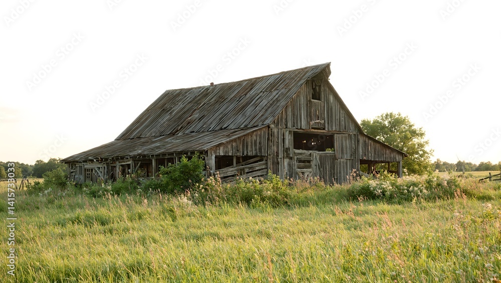 Rustic abandoned barn nestled in a wildflower meadow resilience in decay captured in soft evening light Rustic abandoned barn nestled in a wildflower meadow resilience in decay captured in soft evening light
