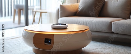 Modern living room interior featuring a unique round coffee table