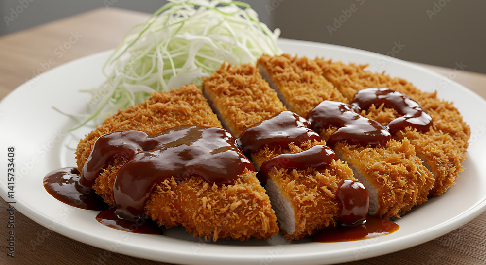 Delicious deep-fried pork cutlet with sweet sauce on a white plate, accompanied by shredded cabbage. Mouthwatering and appetizing!