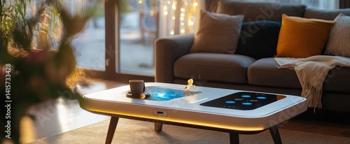 A modern living room features a smart interactive coffee table