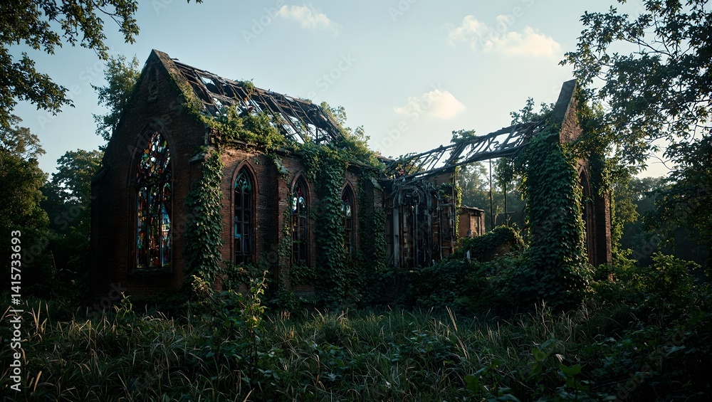 Obraz premium Explore the haunting beauty of a desolate church collapsed steeple shattered stained glass and ivy clad walls under the gentle dawn light
