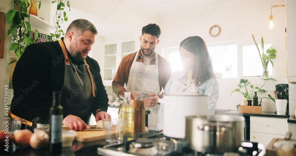 Chef, culinary school and learning with couple in kitchen for preparation of meal or supper. Demonstration, food and lesson with people at counter in cooking class for diet, health or nutrition Chef, culinary school and learning with couple in kitchen for preparation of meal or supper. Demonstration, food and lesson with people at counter in cooking class for diet, health or nutrition