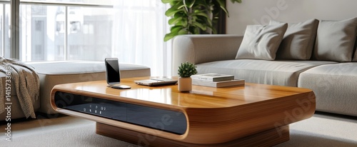 A modern living room scene with furniture and technology included