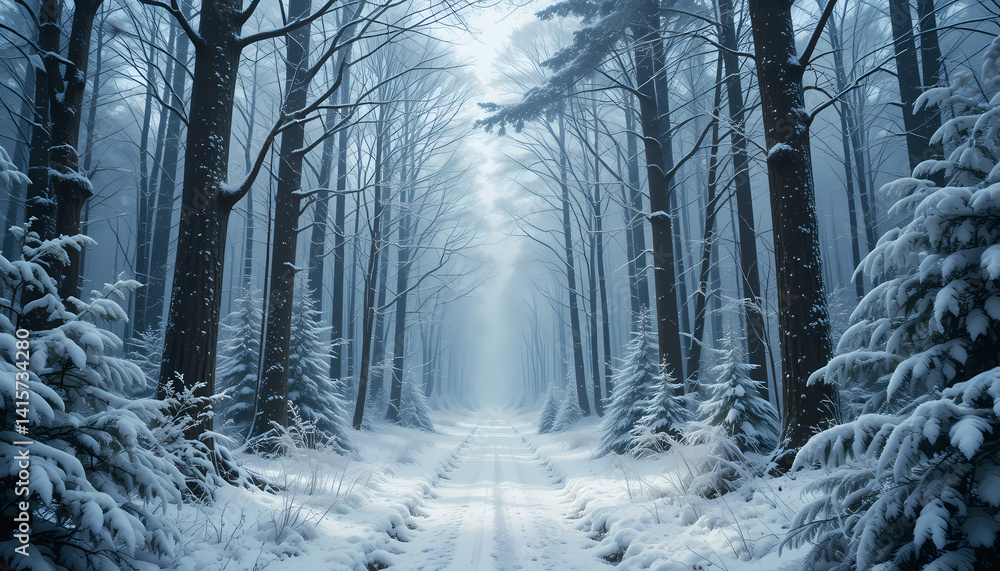 Naklejka premium Winter Wonderland Forest – Snowfall and Serene Atmosphere